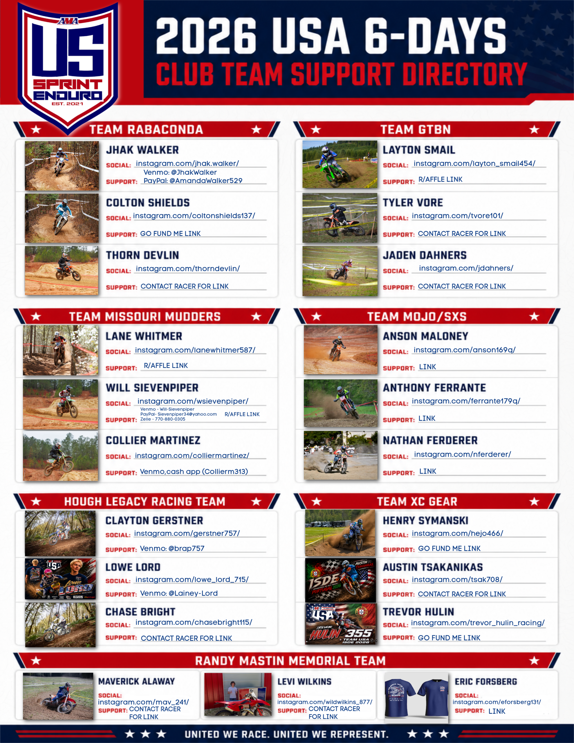 2026 US 6-DAYS CLUB TEAM SUPPORT DIRECTORY